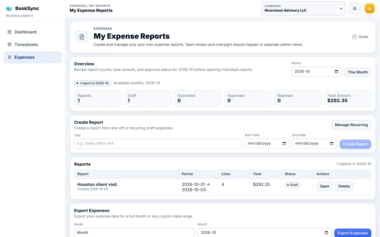 My Expense Reports の画面。上でレポートを作り、下に一覧が出る