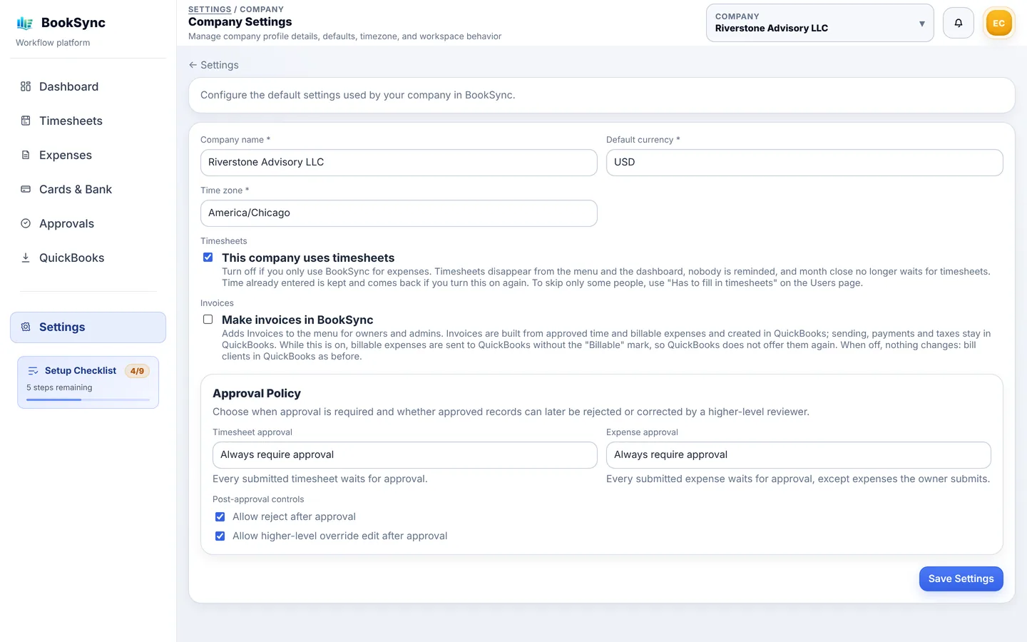 Company Settings の画面