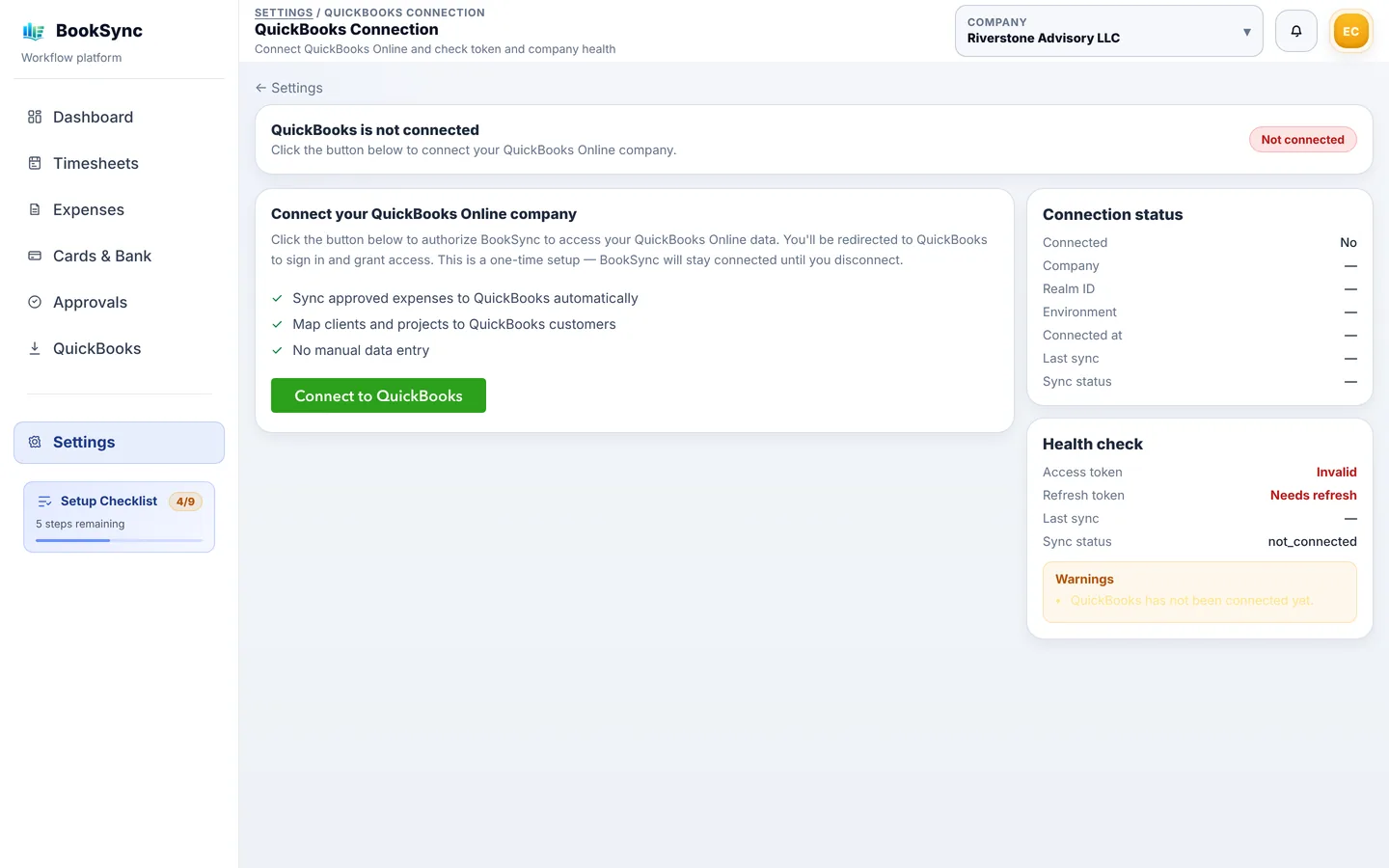 QuickBooks Connection の画面。緑の Connect to QuickBooks ボタンがある