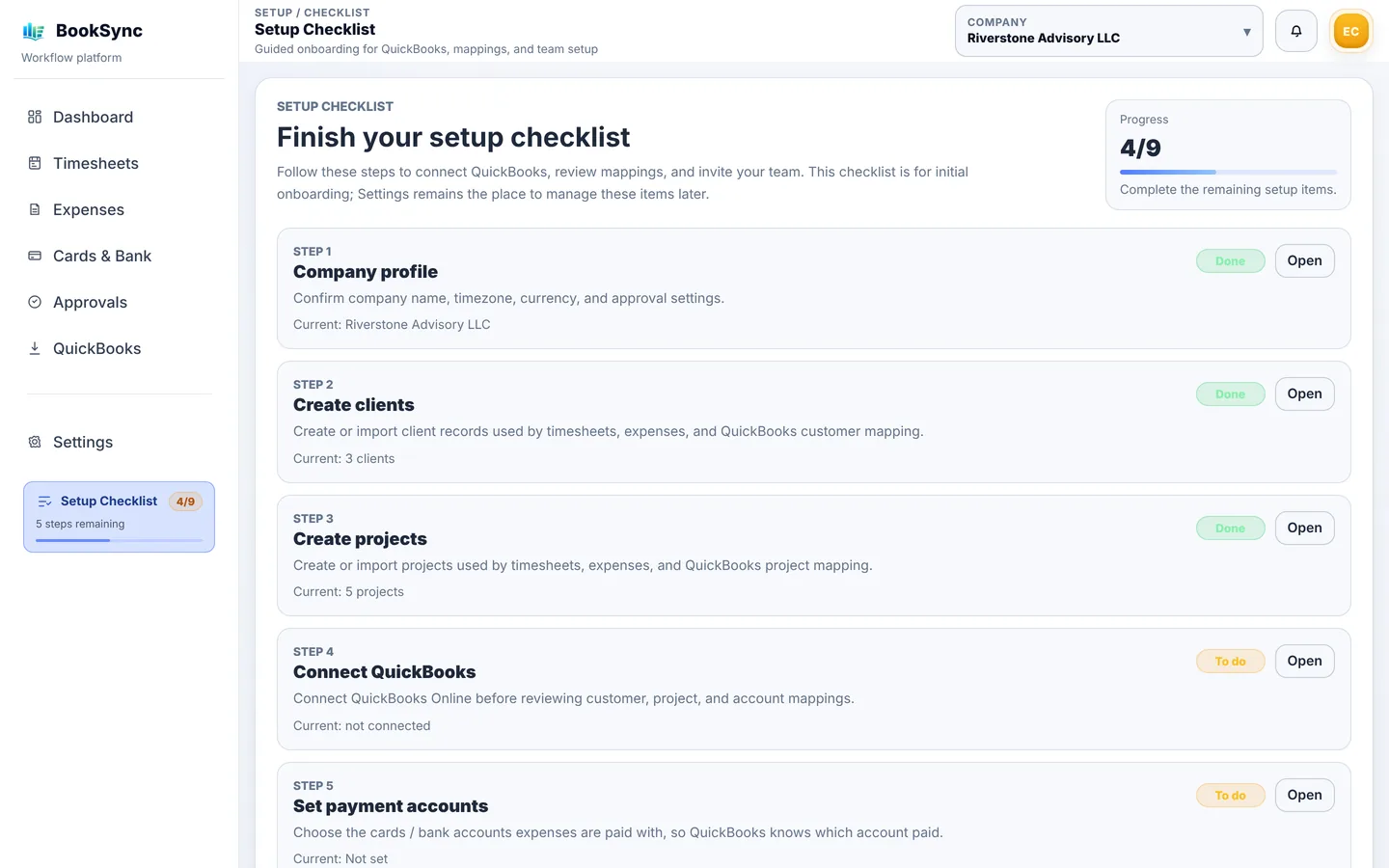 Setup Checklist の画面。項目ごとに Done / To do と Open ボタンが並ぶ